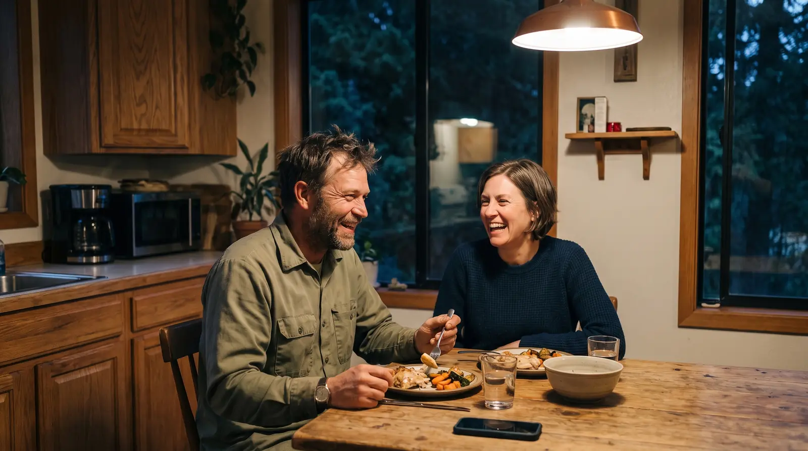 A tradesman at dinner with his partner