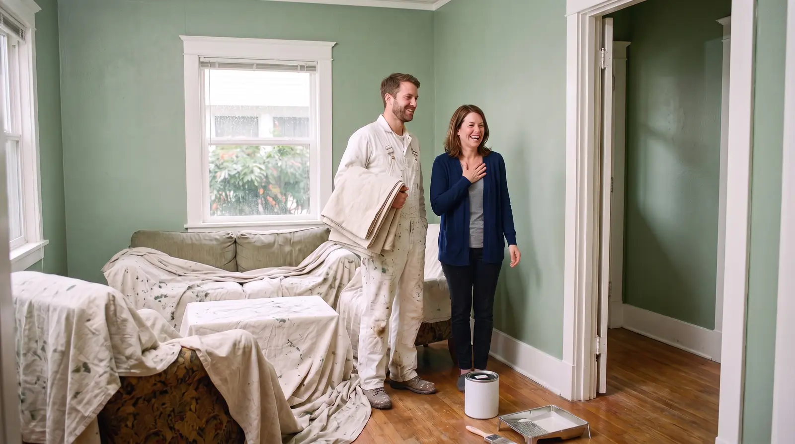 A painter and a homeowner in a finished room