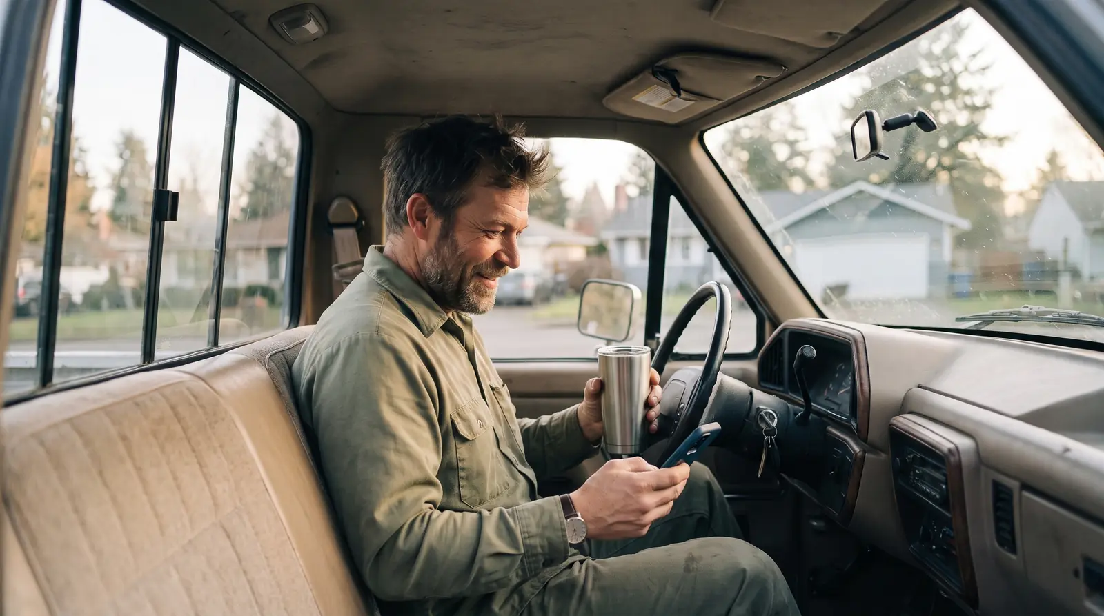 A tradesman in his truck checking his phone in the morning