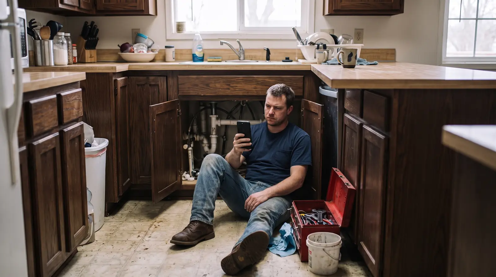 The plumber checks his phone