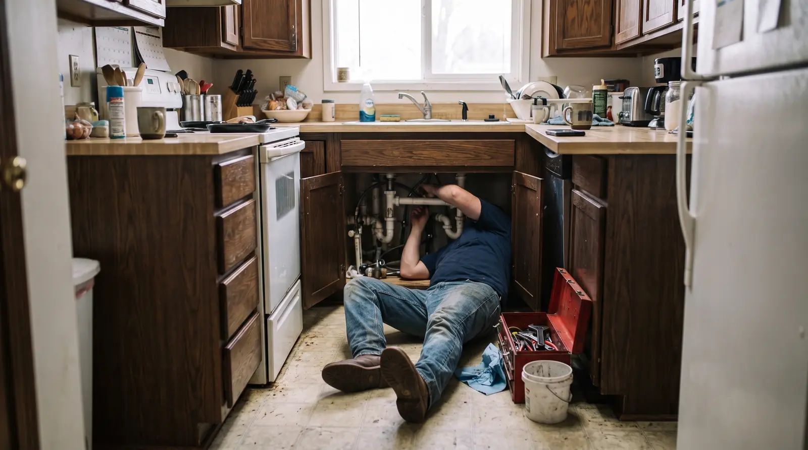 A plumber working under a kitchen sink